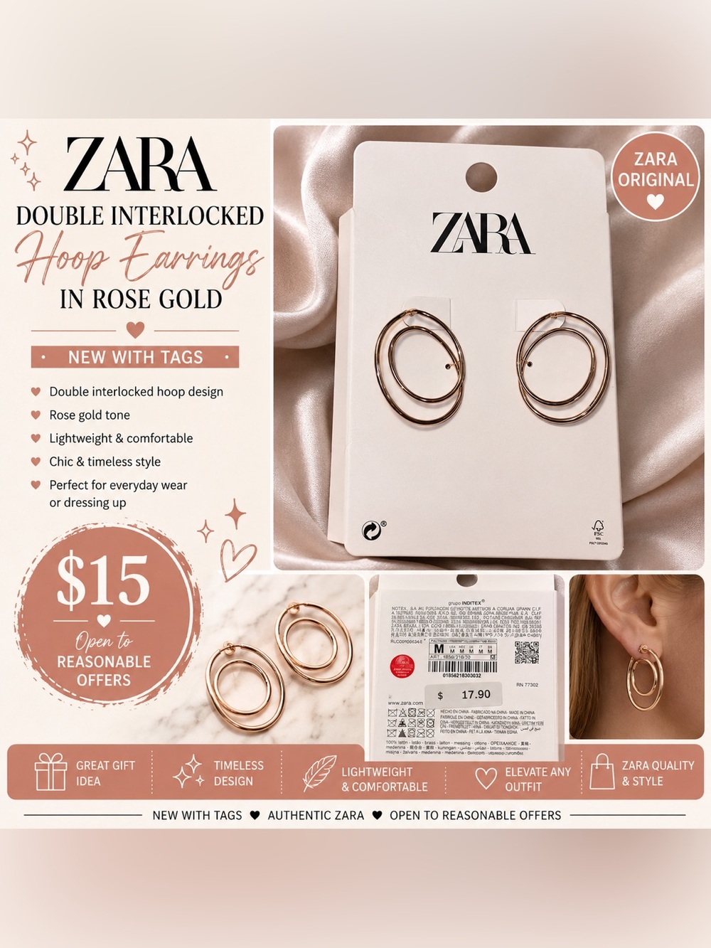 ZARA Double Interlocked Hoop Earrings in Rose Gold